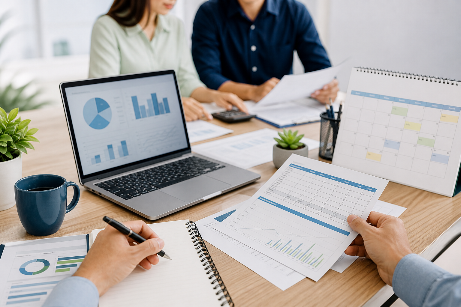 Mesa de trabalho com relatórios e calendário fiscal